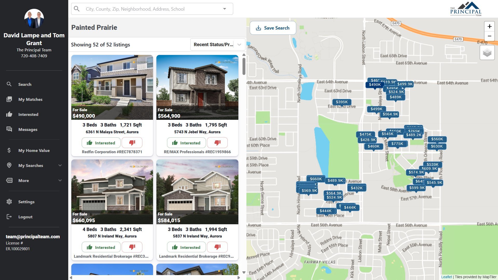 Painted Prairie home search interface: 52 active listings shown on a Painted Prairie map with photos, prices, and beds and baths for each home.